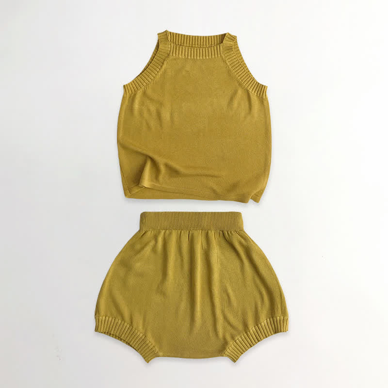 Toddler Solid Color Knitted Tank Top and Shorts Set