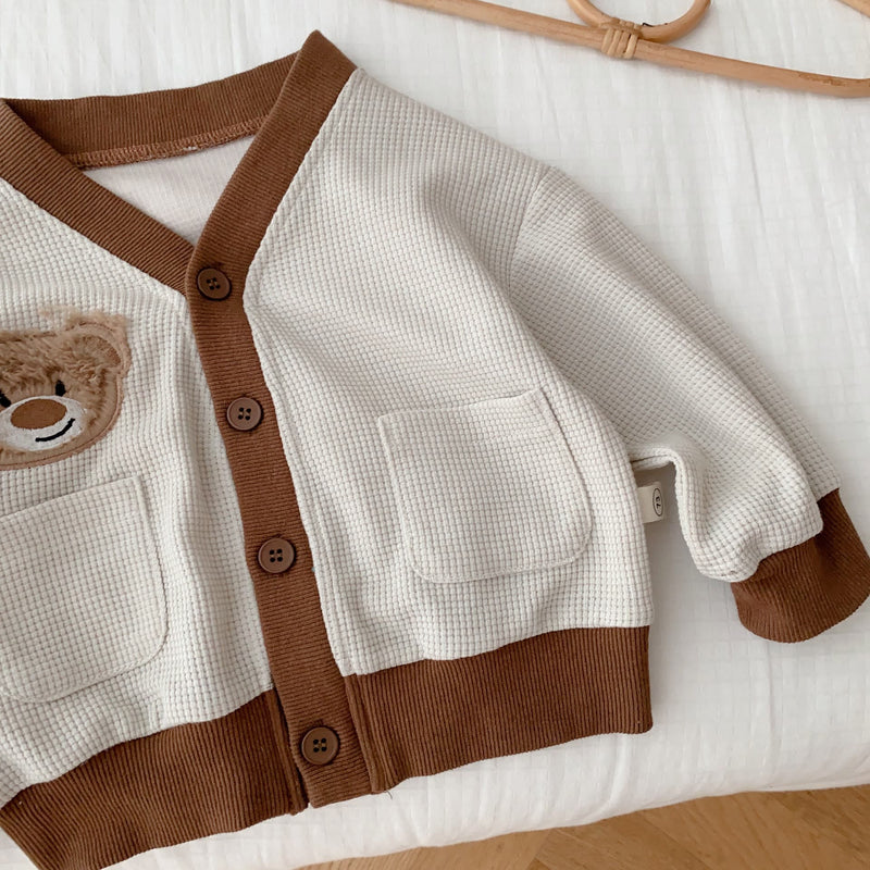 Baby Bear Button Waffle Pocket Romper Cardigan
