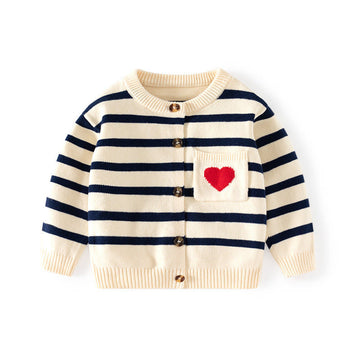 Toddler Button Striped Heart Pocket Cardigan