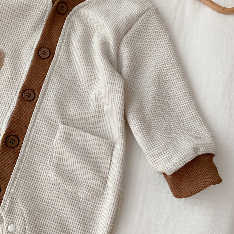 Baby Bear Button Waffle Pocket Romper Cardigan