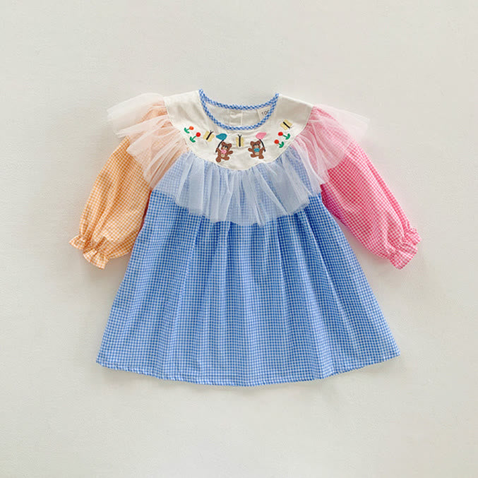 Toddler Girl Embroidered Bear Lace Multicolor Plaid Dress