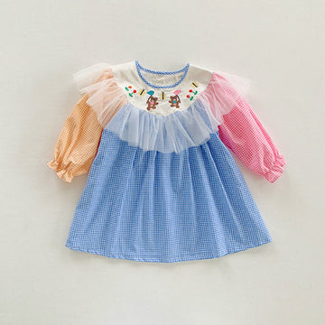 Toddler Girl Embroidered Bear Lace Multicolor Plaid Dress