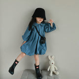 Toddler Girl Blue Puff Sleeves Collar Button Dress