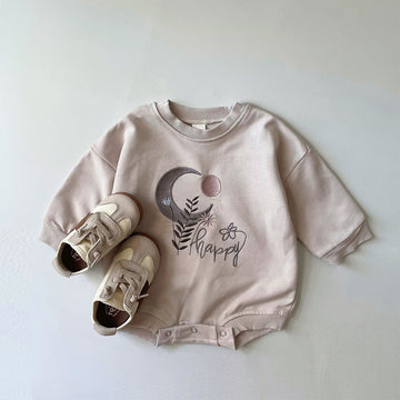 HAPPY Baby Embroidered Slogan Leaf Moon Sun Bodysuit