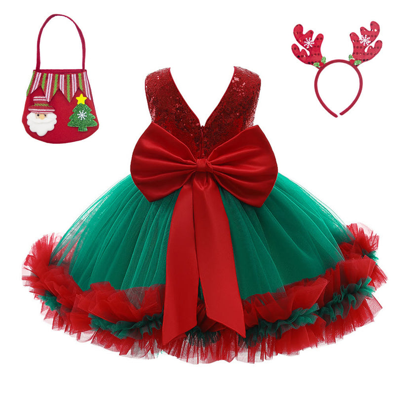 Toddler Bowknot Christmas Formal Dress with Headband Bag