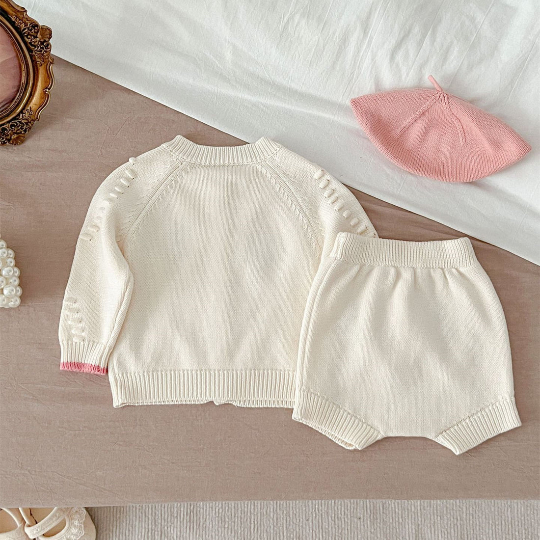 Baby Embroidered Flower Knitted White 2 Pieces Set