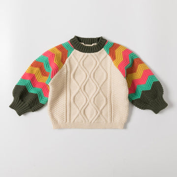 Toddler Multicolor Knitted Contrast Sleeves Sweater