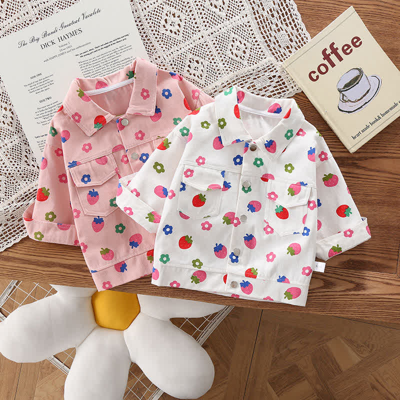 Toddler Girls Flower Strawberry Denim Jacket