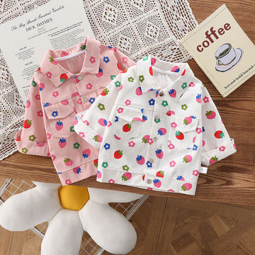 Toddler Girls Flower Strawberry Denim Jacket