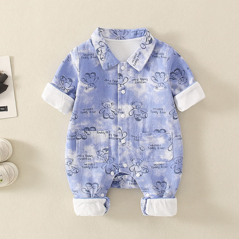 TEDDY BEAR Baby Cartoon Blue Denim Pocket Romper