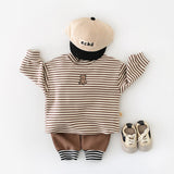 Baby Striped Embroidered Bear High Collar T-shirt