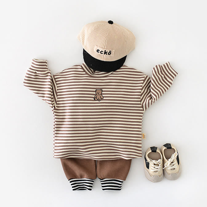 Baby Striped Embroidered Bear High Collar T-shirt