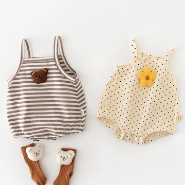 Baby Striped Bear Dot Flower Strap Bodysuit
