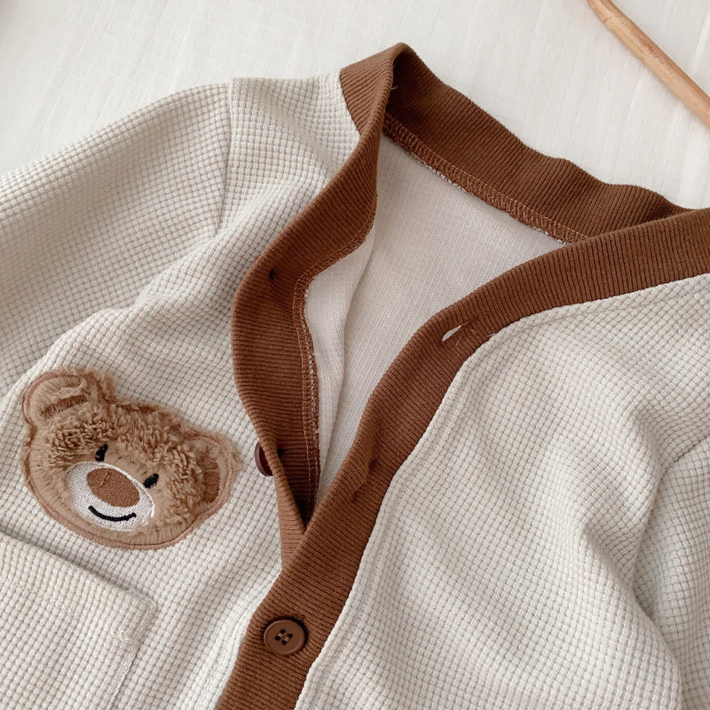 Baby Bear Button Waffle Pocket Romper Cardigan