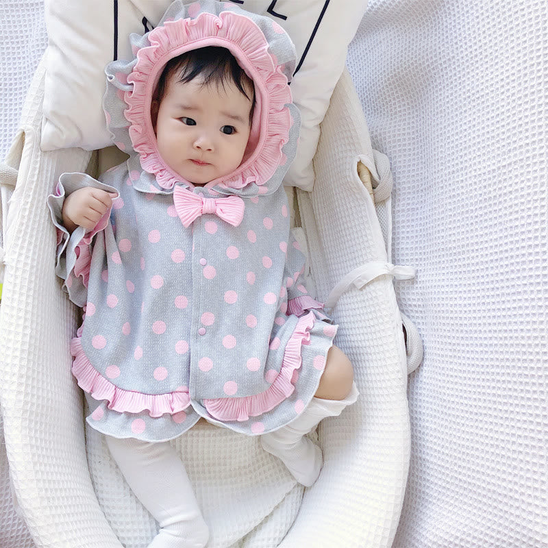 Toddler Girl Dots Bow Hooded Grey Cloak