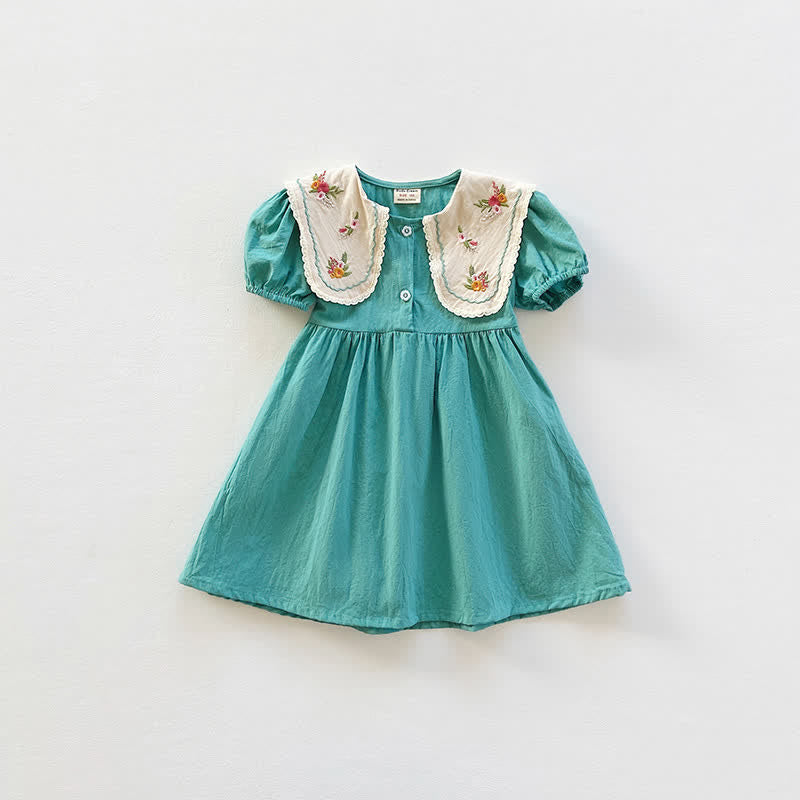 Toddler Girl Embroidered Flower Lapel Collar Dress