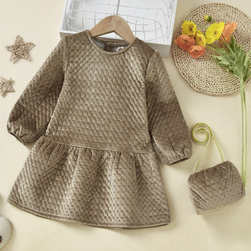 Toddler Girl Solid Color Dress with Bag