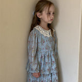 Toddler Girl Lace Lapels Flower Blue Sweet Dress