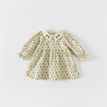 Toddler Girl Retro Flower Puff Sleeves Lapel Collar Dress