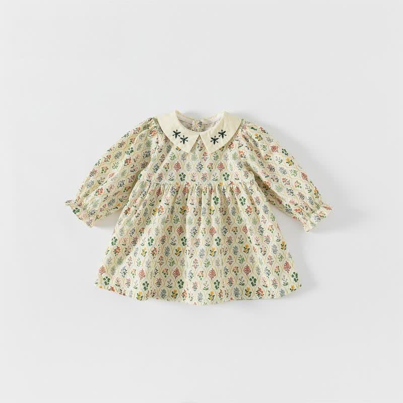 Toddler Girl Retro Flower Puff Sleeves Lapel Collar Dress