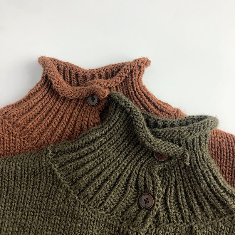 Toddler Button Solid Color High Collar Knitted Sweater