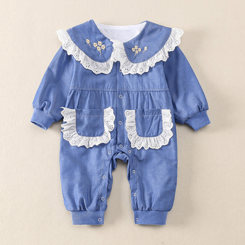 Baby Flower Lace Collar Denim Romper