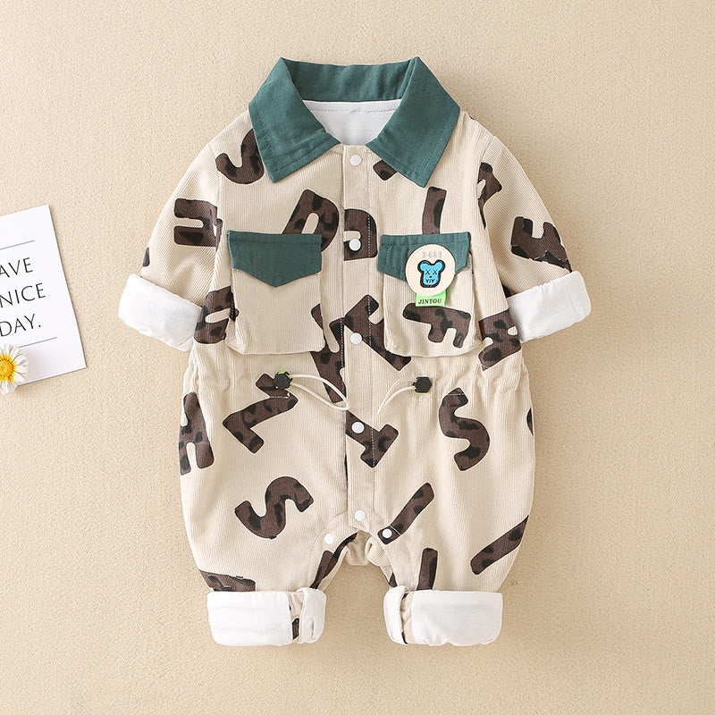 Baby Corduroy Polo Pocket Slogan Romper