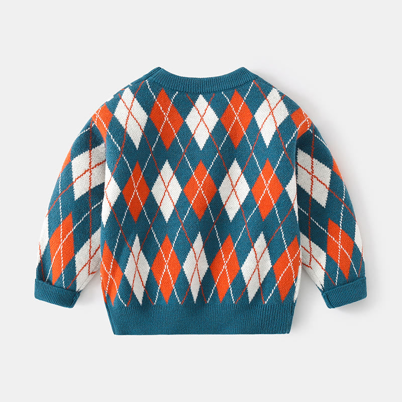 Toddler Retro Style Blue Diamond Round Neck Sweater