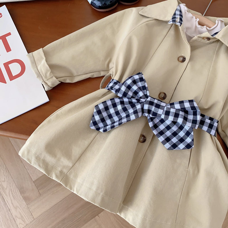 Toddler Girl Collar Plaid Khaki Coat with Belt