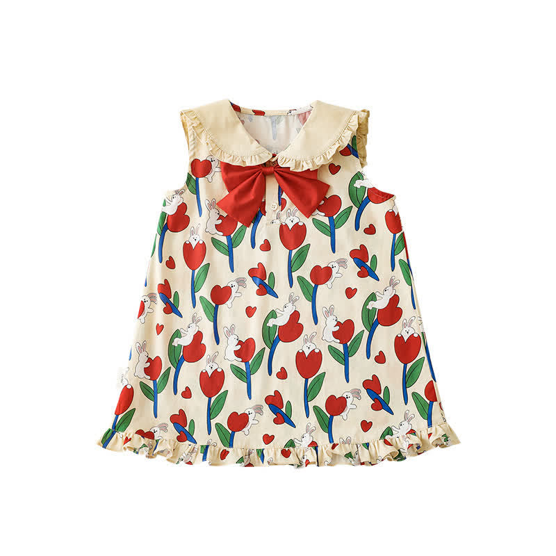 Toddler Girl Bunny Bow Lapel Collar Lace Trim Dress