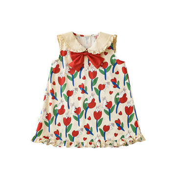Toddler Girl Bunny Bow Lapel Collar Lace Trim Dress