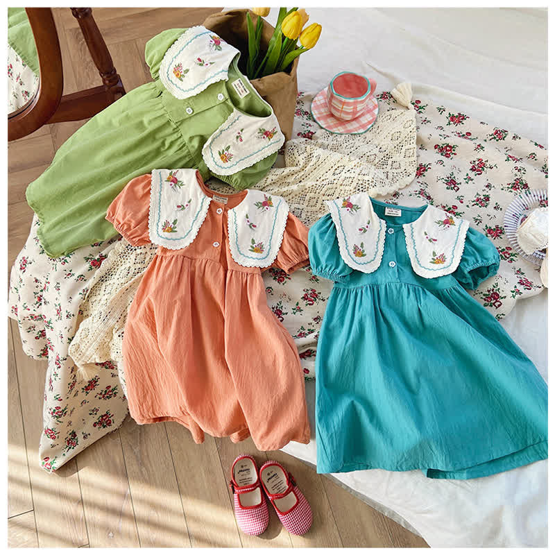 Toddler Girl Embroidered Flower Lapel Collar Dress