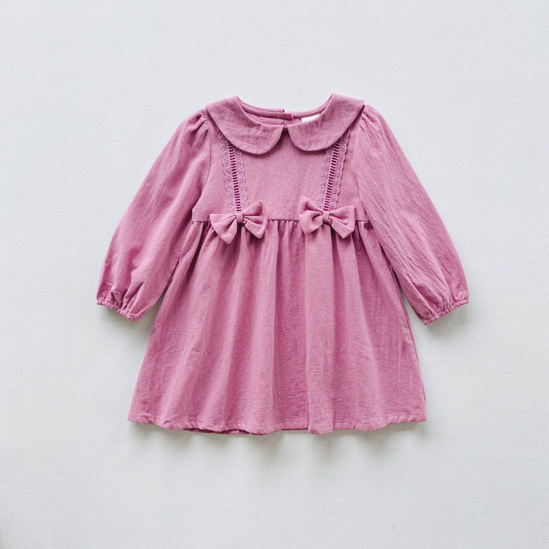 Toddler Girl Collar Bow Solid Color Dress