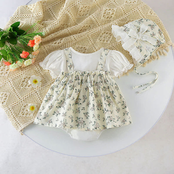Baby Floral Splicing Skirted Bodysuit with Hat