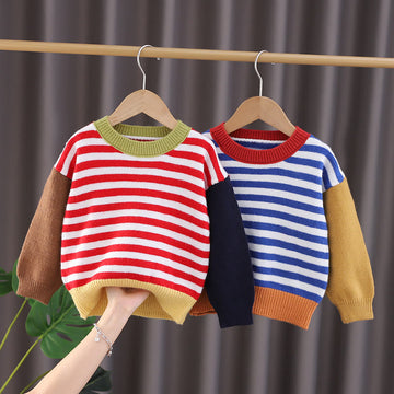 Toddler Color Block Striped Contrast Sleeves Sweater