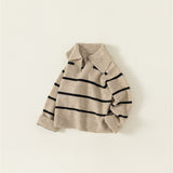 Toddler Lapels Khaki Broad-striped Knitted Casual Sweater