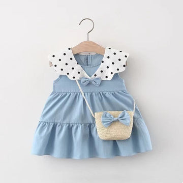 Baby Bowknot Dot Lapel Collar Dress with Bag