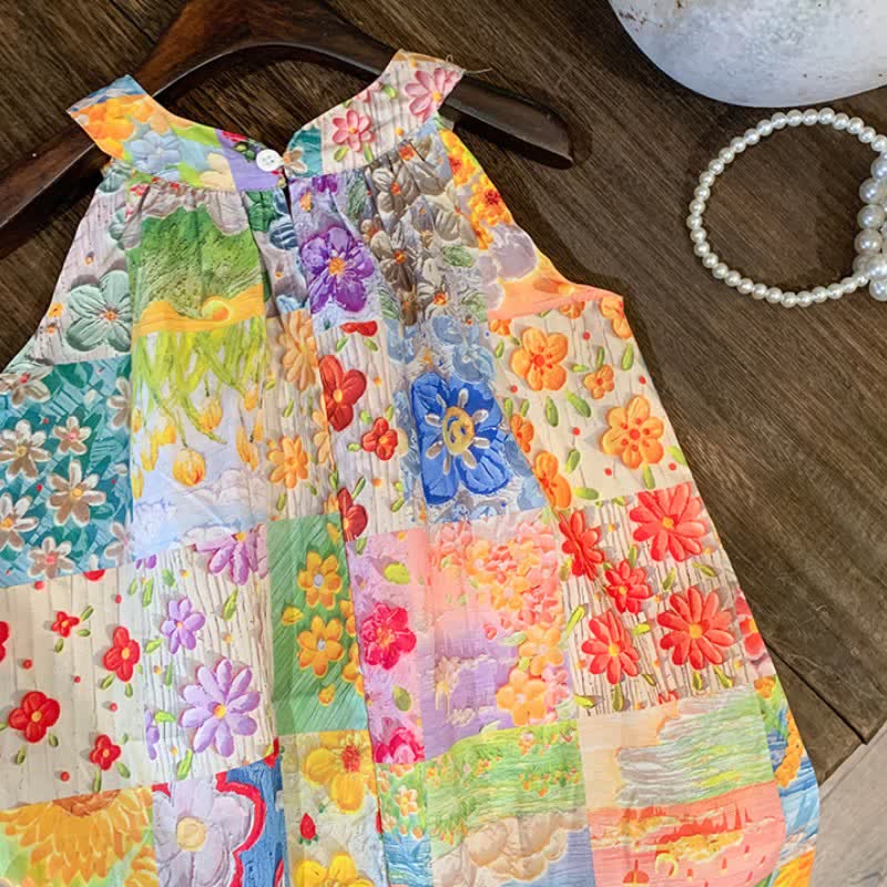 Toddler Girl Plaid Flower Summer Halter Neck Dress