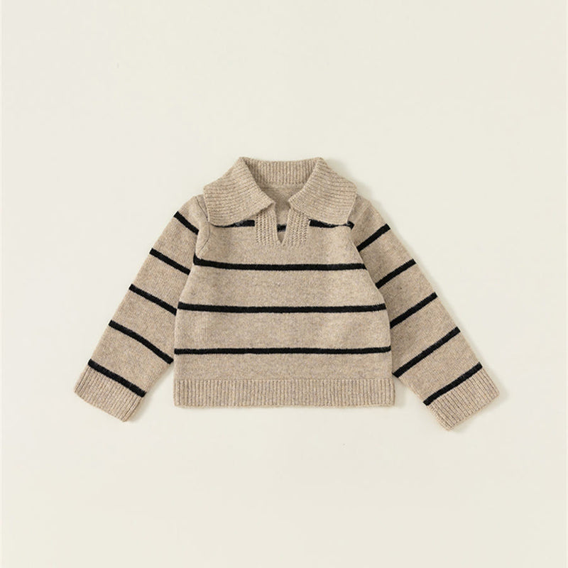 Toddler Lapels Khaki Broad-striped Knitted Casual Sweater