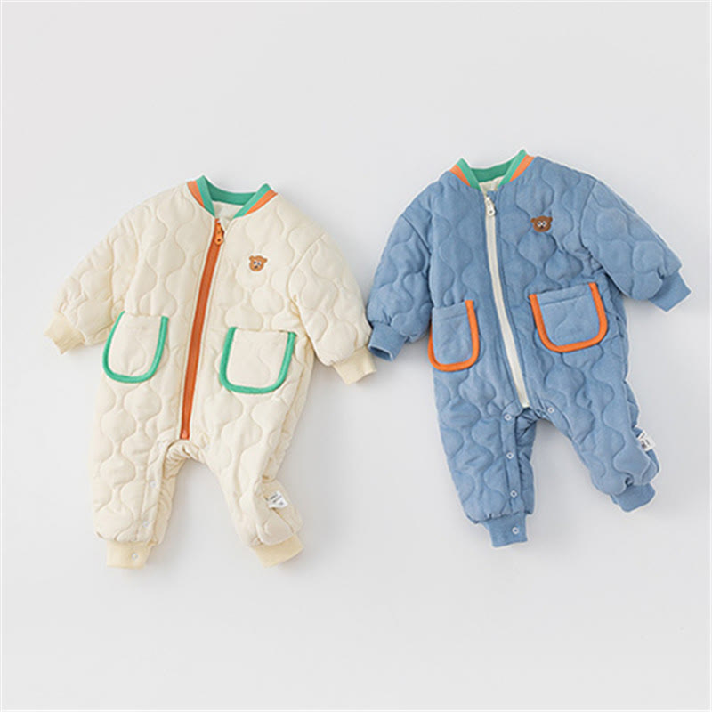 Baby Cartoon Bear Fleece Lined Warm Zipper Romper