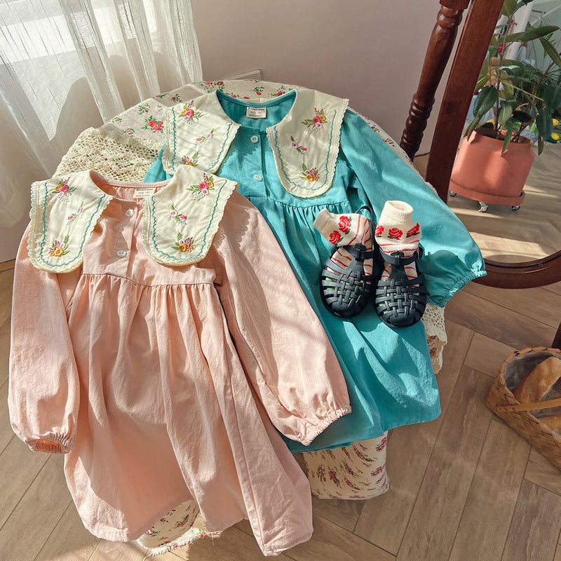 Toddler Girl Embroidered Flower Collar Princess Dress