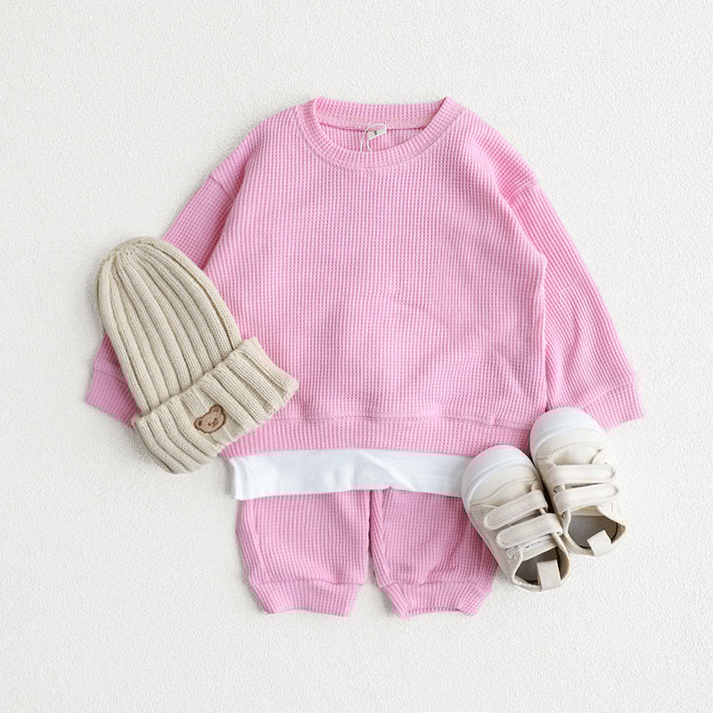 Toddler Waffle Solid Color Sweatsuit 2 Pieces Set