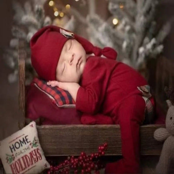 Newborn Photography Christmas Footed Romper with Hat