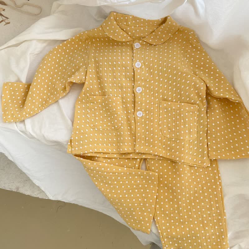 Toddler Dot Lapel Collar Top and Pants Pajamas Set