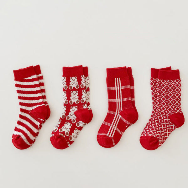 4 Pairs Baby Red Animal Striped Floor Socks