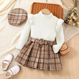 Toddler Girl Shirt Plaid Pleated Skirt with Beret