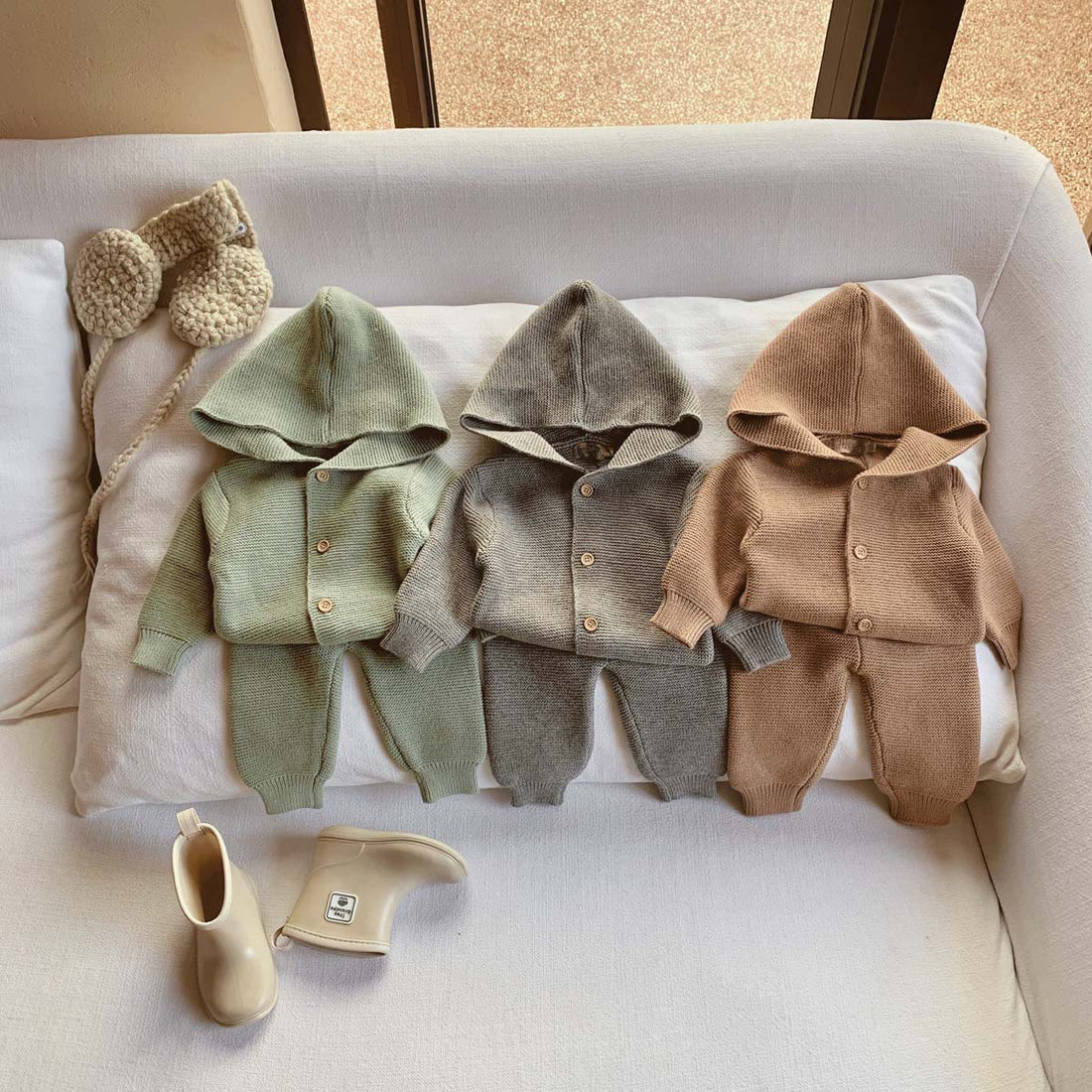 Baby Knitted Hooded Solid Color Set