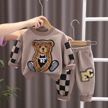 Toddler Cartoon Teddy Plaid Slogan 2 Pieces Set