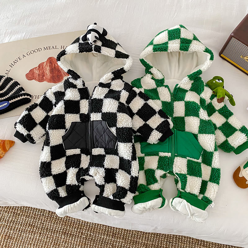 Baby Fleece Checkered Hooded Romper