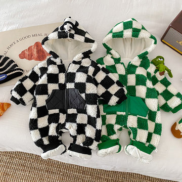 Baby Fleece Checkered Hooded Romper